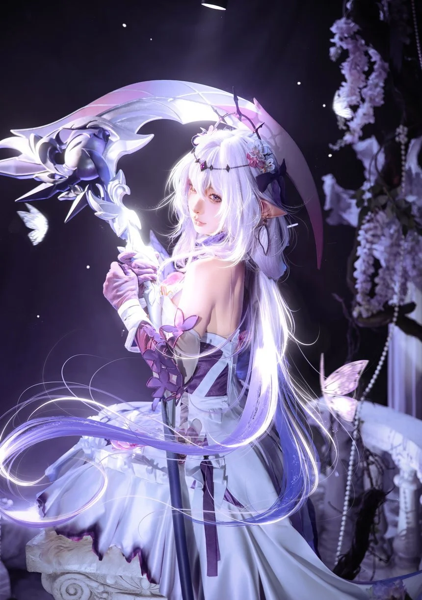 蠢沫沫《崩坏·星穹铁道》黑天鹅遐蝶Cos赏析：紫发御姐与巨镰的梦幻重叠插图2